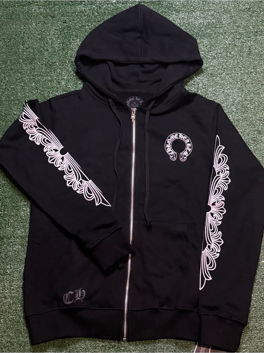 Chrome Hearts Black Zip Hoodie with White Sleeve Motifs